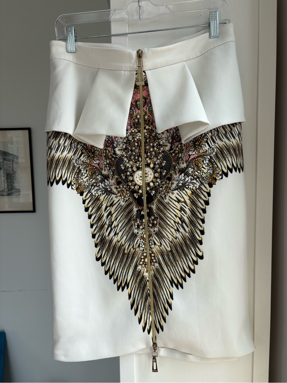 Quente Exclusive Ornate Print Scuba Pencil Skirt Altered Size 48 White Gold - Picture 1 of 10